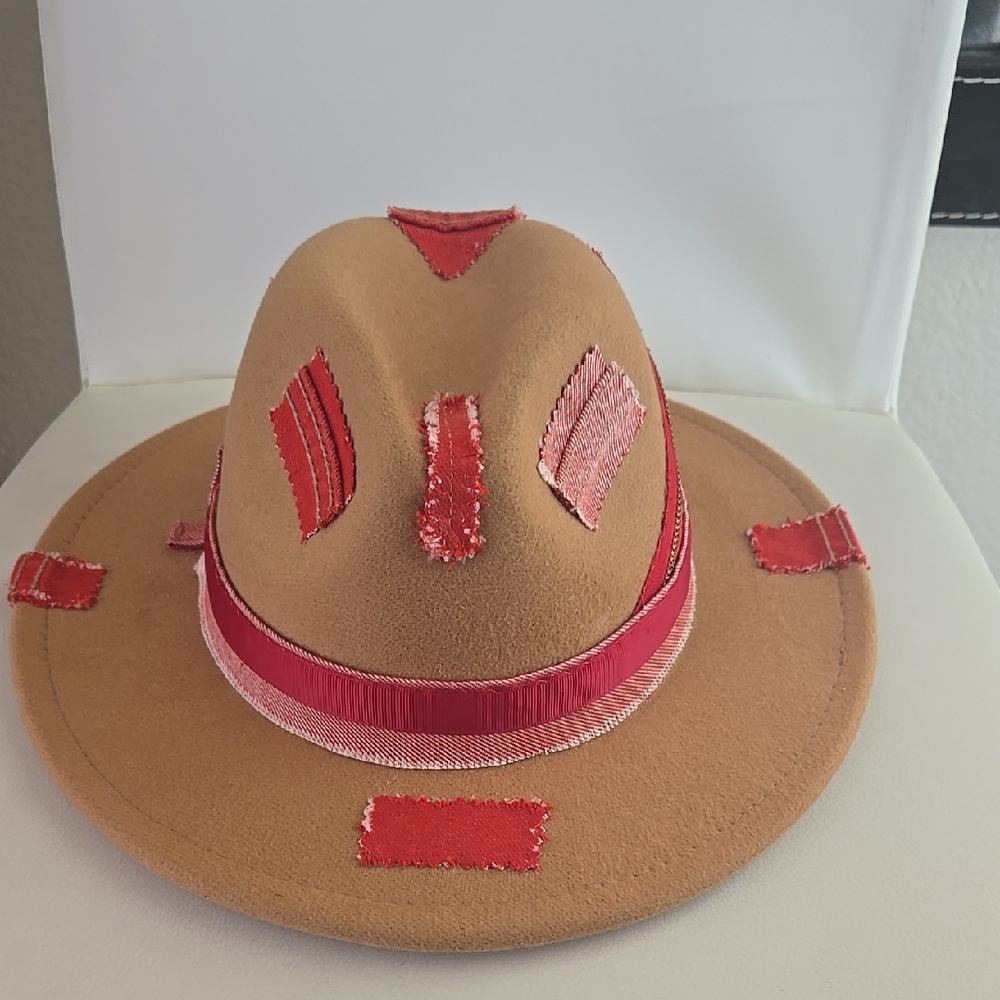 Tan Hat with Red and Pink Accents